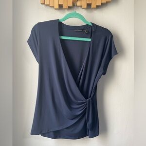 Tahari Navy faux wrap shirt with tie, size L